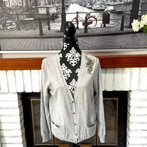 Gap Women Cardigan Sweater Cashmere Cotton Blend Gray Long Large Rhinestones